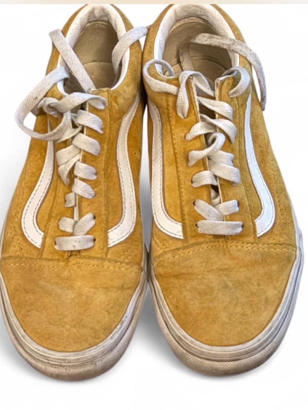 Mustard Suede Low-Top Sneakers with White Stripe